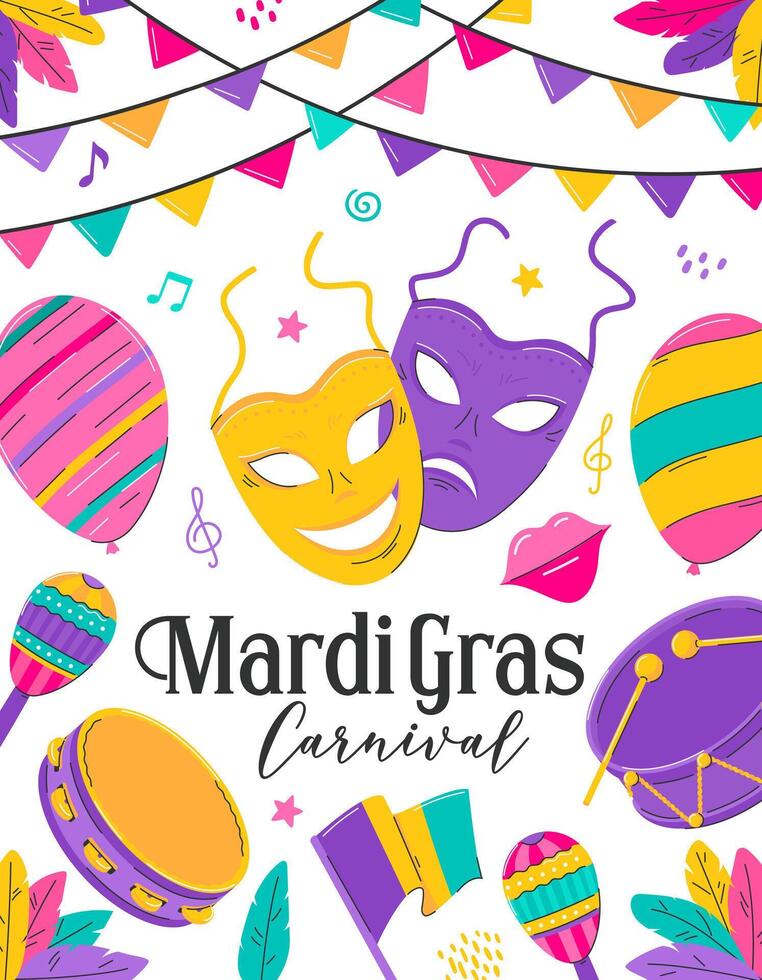 Mardi Gras carnival poster template. Invitation for masquerade party. Comedy and tragedy masks, tambourine, flags, balloon. Flat vector illustration on white background. Clipping mask