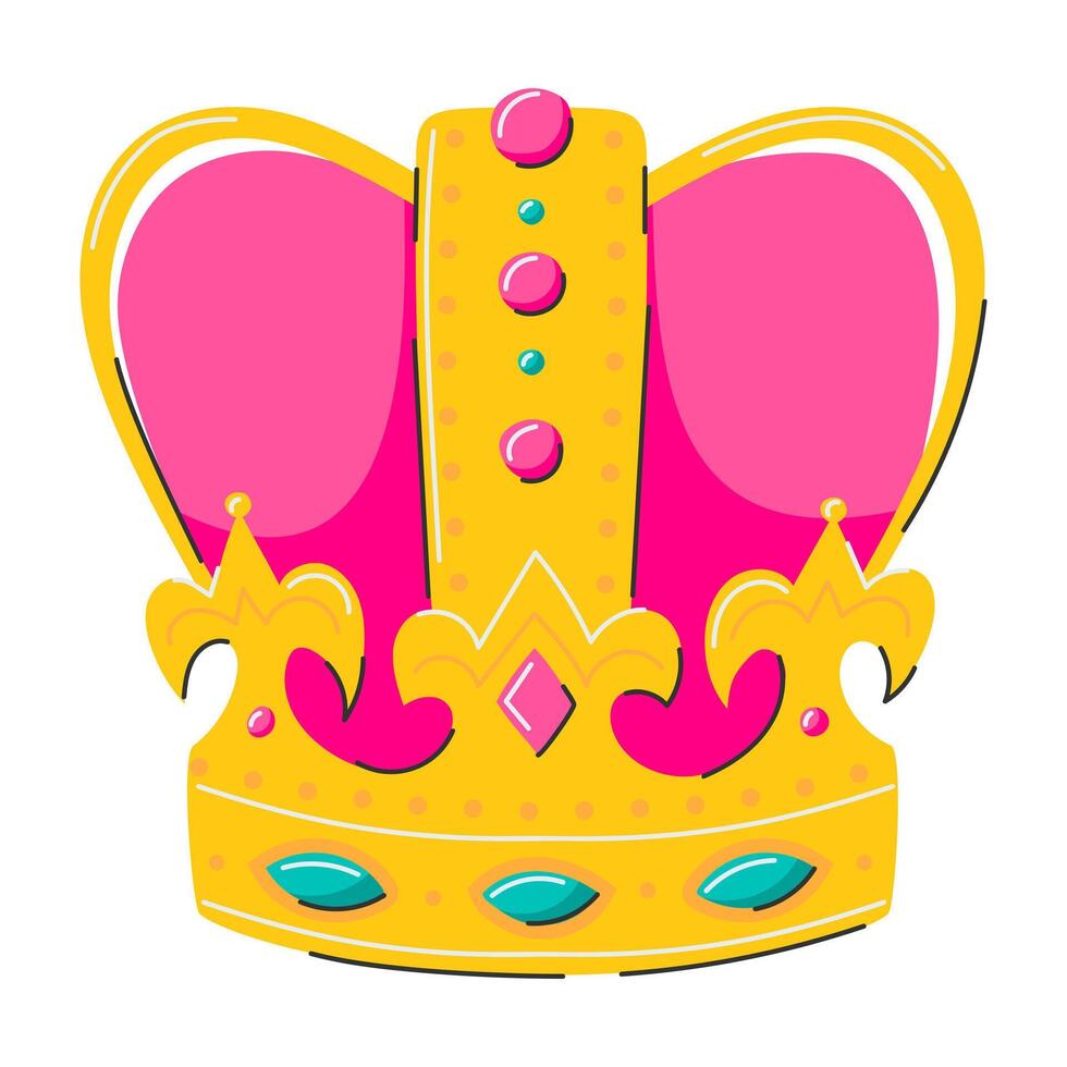 Golden royal crown with stones. An element of a carnival costume. The symbol of Mardi Gras, Brazilian carnival. Flat decorative element. Vector illustration isolated on a white background.