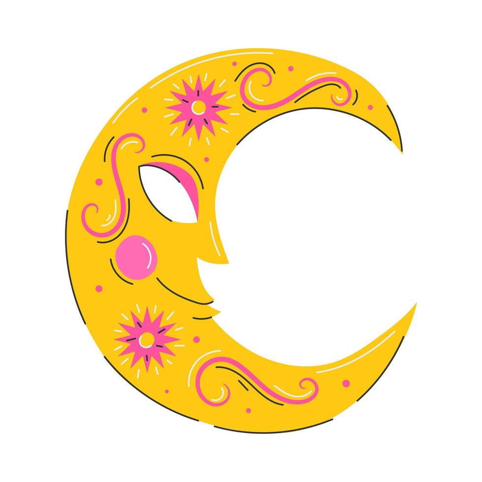 Decorated crescent with a face. Carnival mask with a pattern. The symbol of Mardi Gras, the Brazilian carnival. A decorative element in a flat style. Vector illustration isolated on white background.