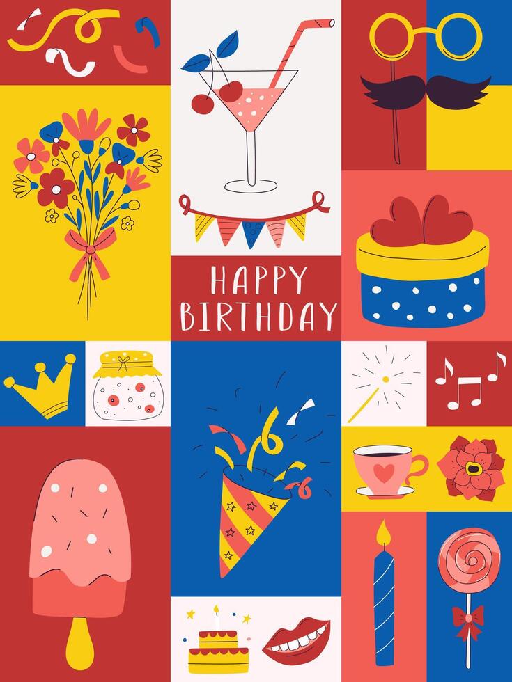 Happy Birthday card. Colorful poster with bright decorative elements. Poppers, flowers, cocktail, sweets. Flat cartoon vector illustration on color background.