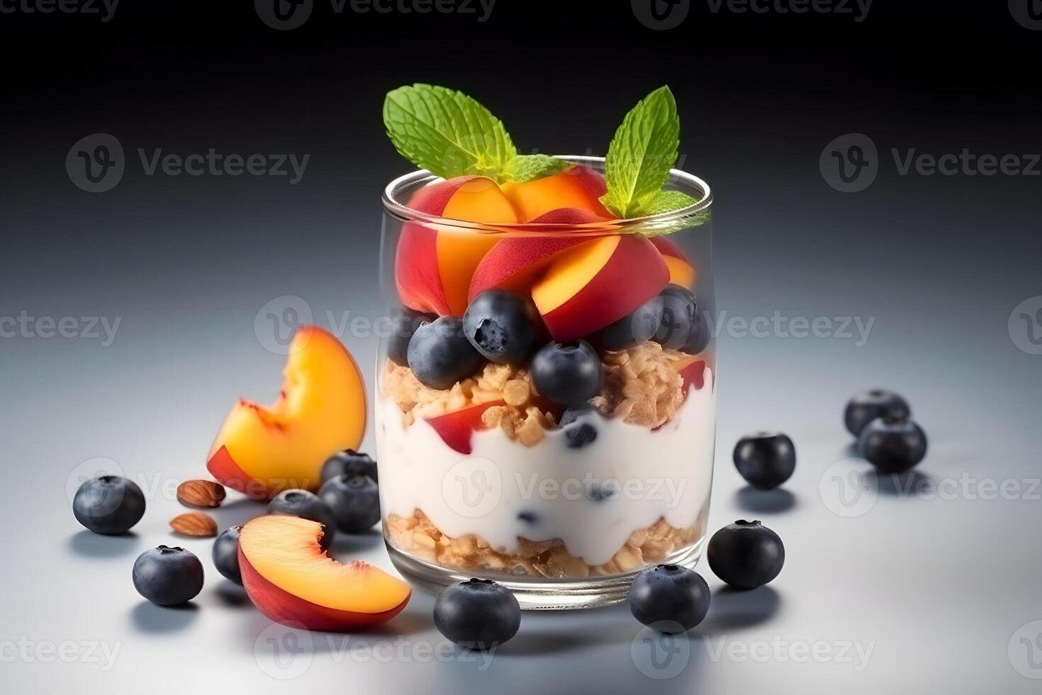 AI generated Healthy breakfast, natural yogurt with fresh berries and muesli. Neural network AI generated photo