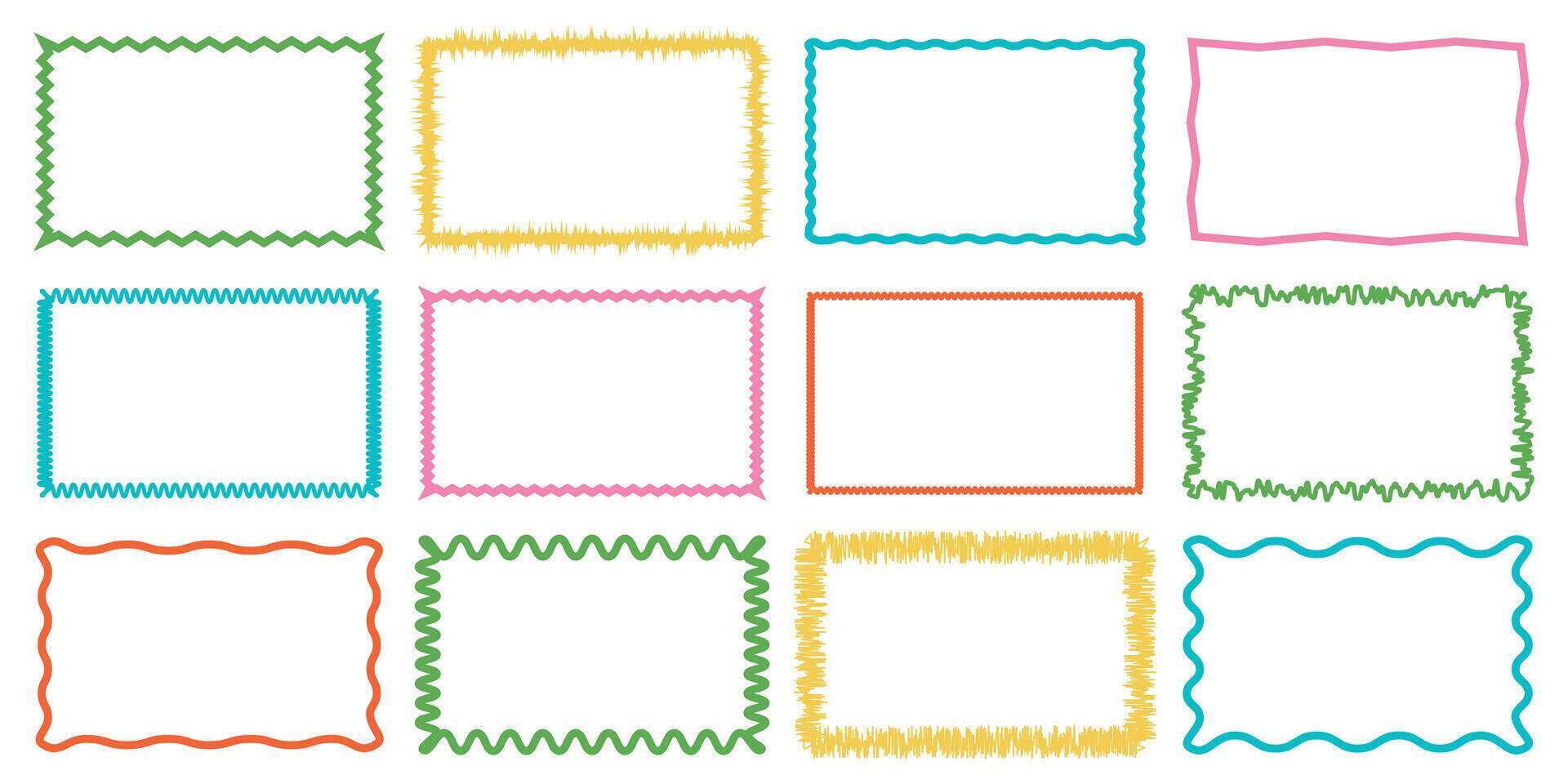 Rectangle Geometric shape frame with wavy edges.Zigzag Wavy Edge rectangle shapes elements set.Vector wavy undalute badge for stickers, banner, social media template,poster, decoration.Vector Jagged vector