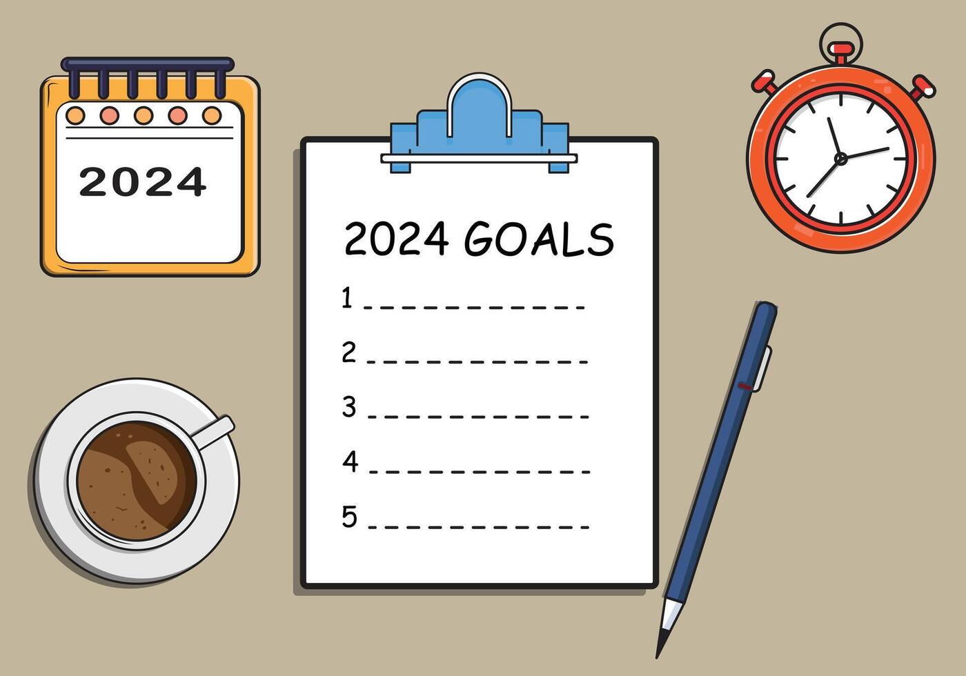 nuevo año objetivo ,2024 objetivo lista no reservar ,pluma,calendario, reloj, café taza vector ilustración