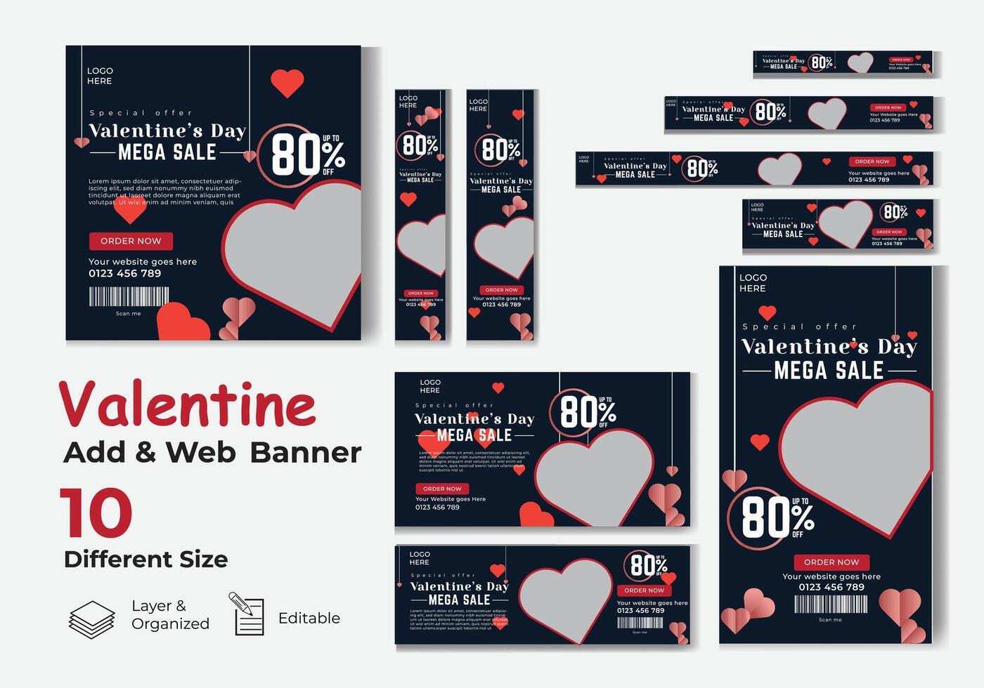 Valentines day business web banner template. Web promotion banner in different size vector