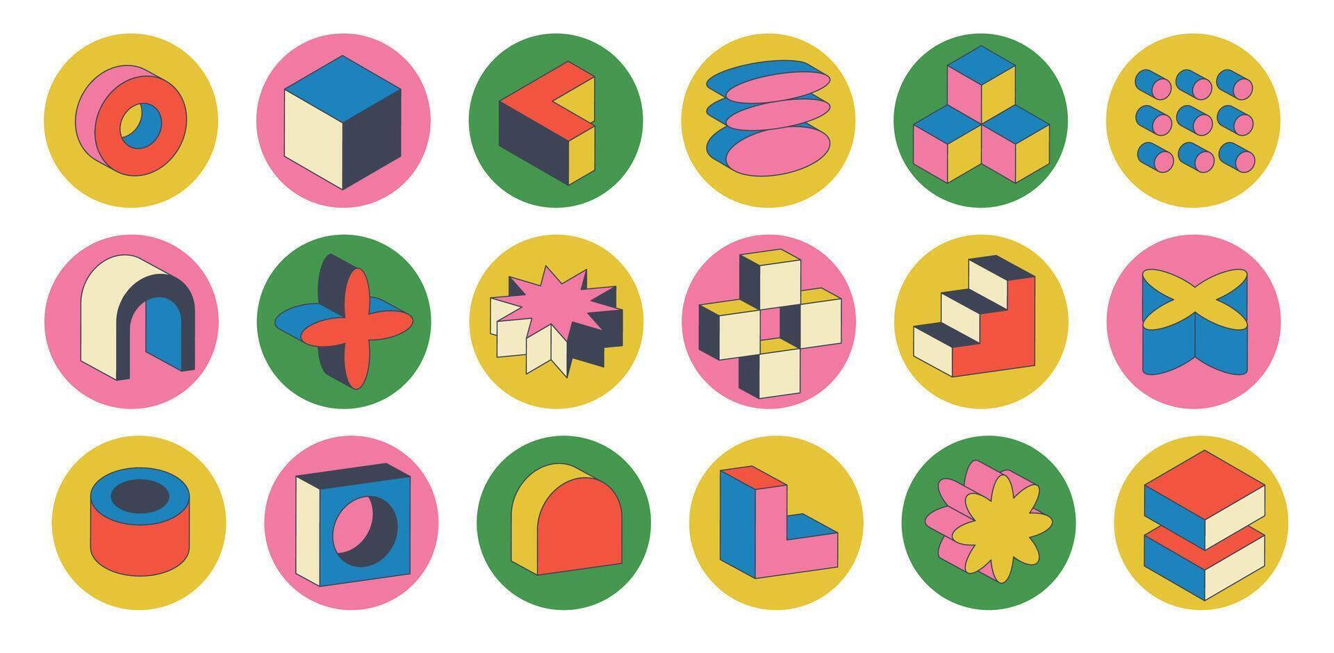 Playful retro sticker with isometric figures. Set of geometric brutal shape. Vector illustration with abstract elements. Minimalistic circle ikon