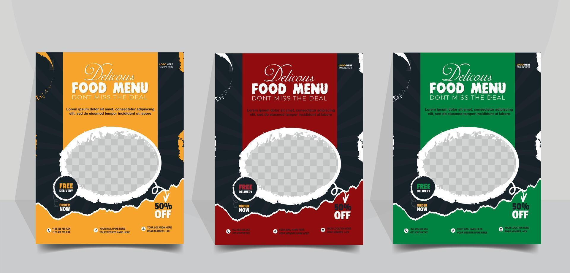 Fast Food Flyer Design Template cooking, cafe and modern restaurant menu, food ordering, junk food. Vector illustration for flyer template design, banner, poster, cover, menu, brochure. Pro Vector