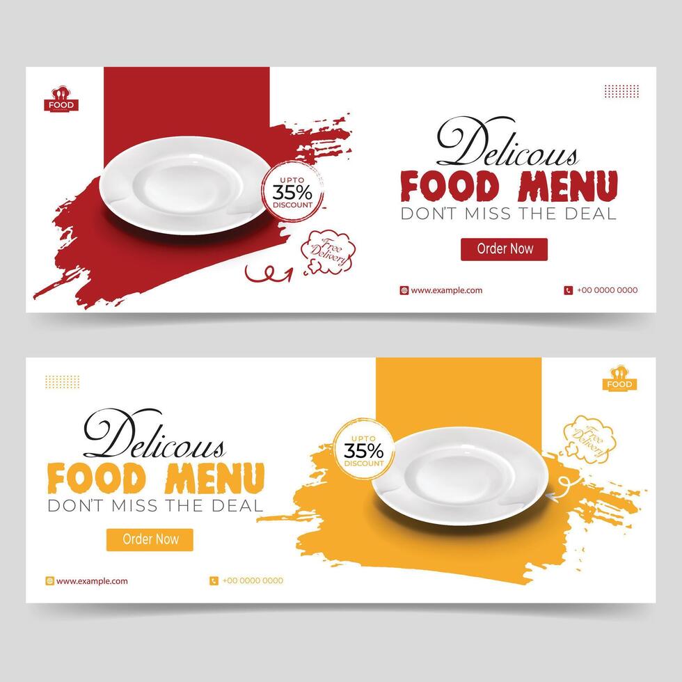 creativo rápido comida restaurante menú medios de comunicación social márketing web bandera modelo diseño. pizza, hamburguesa y sano comida negocio en línea promoción volantes con resumen fondo, logo y icono. Pro vector