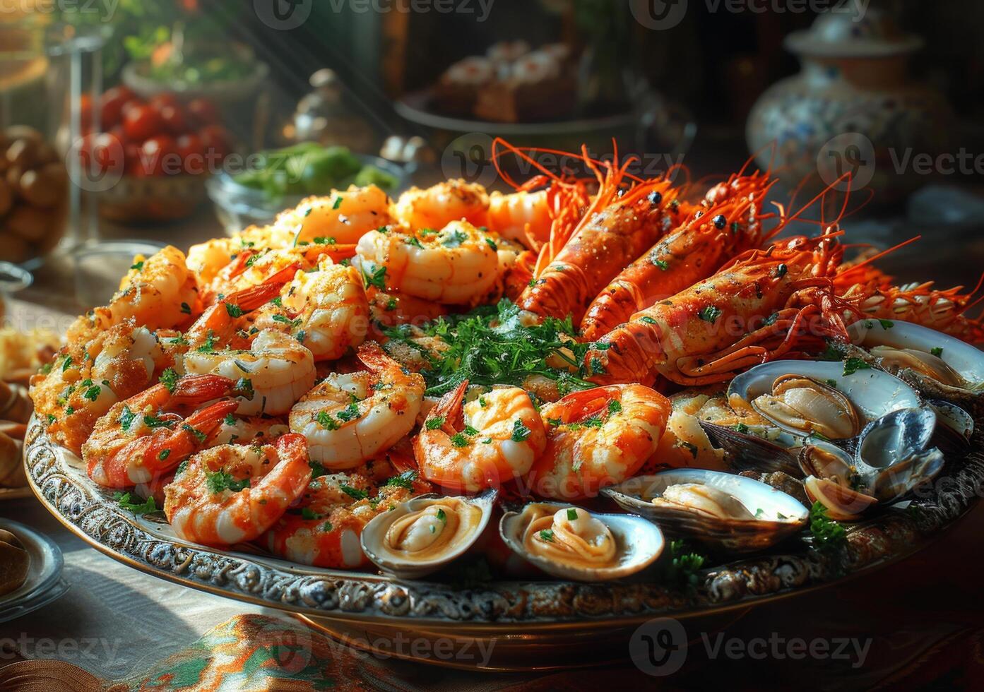 AI generated Seafood platter with rich assortment of fresh crustaceans oysters mussels and shrimps served with savory sauce and garnish in close up view photo