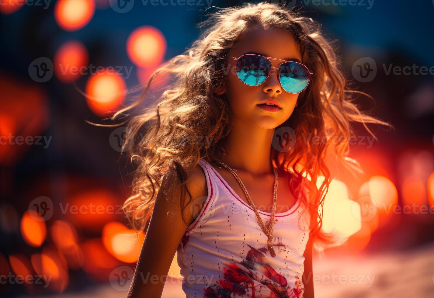 ai generado hermosa joven niña en un tropical playa. un joven niña vistiendo Gafas de sol y un tanque parte superior foto