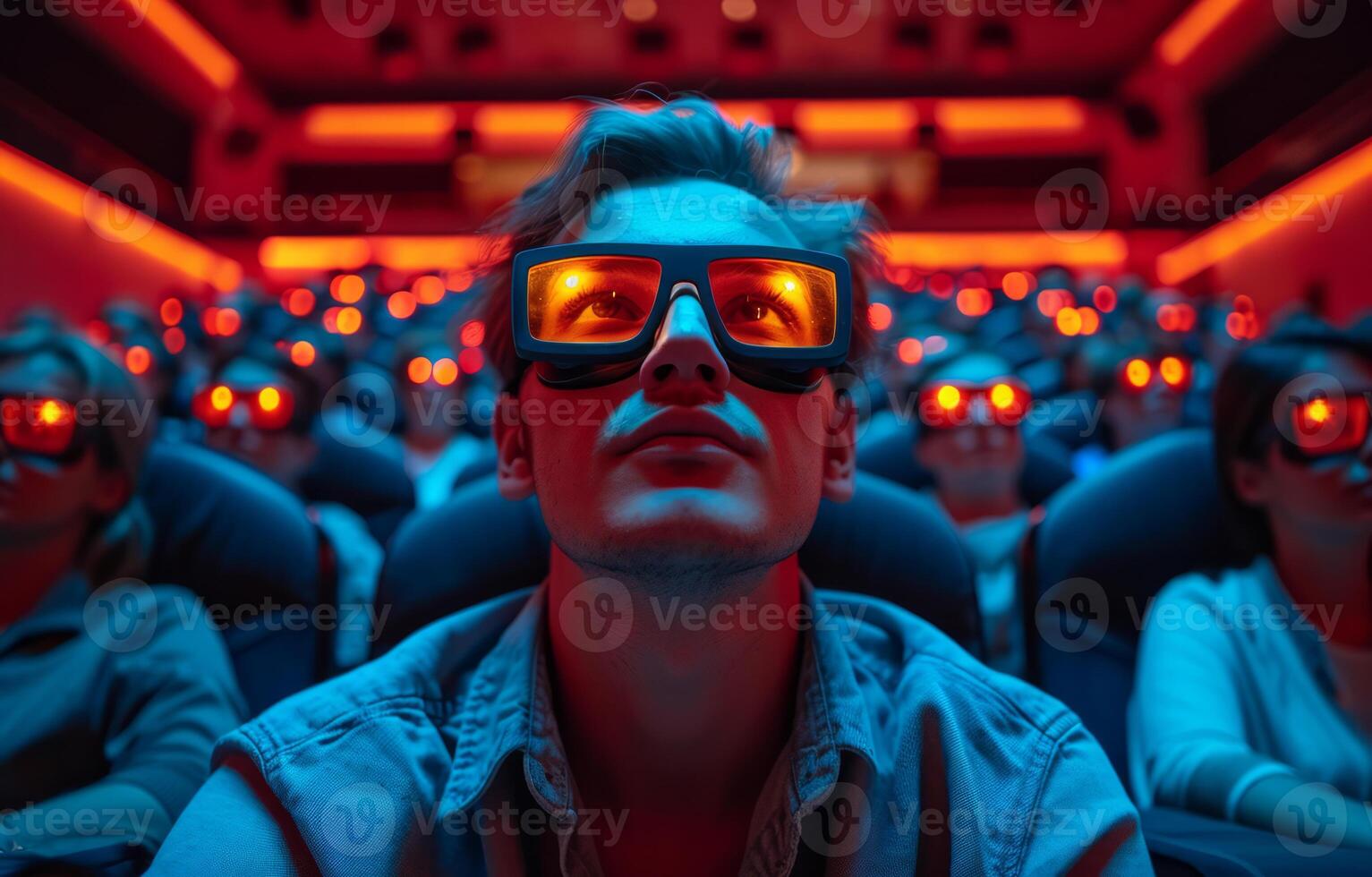 AI generated A theater with people sitting. A man wearing 3D glasses in a movie theater, fully engaged in the captivating 3D visuals on the screen. photo