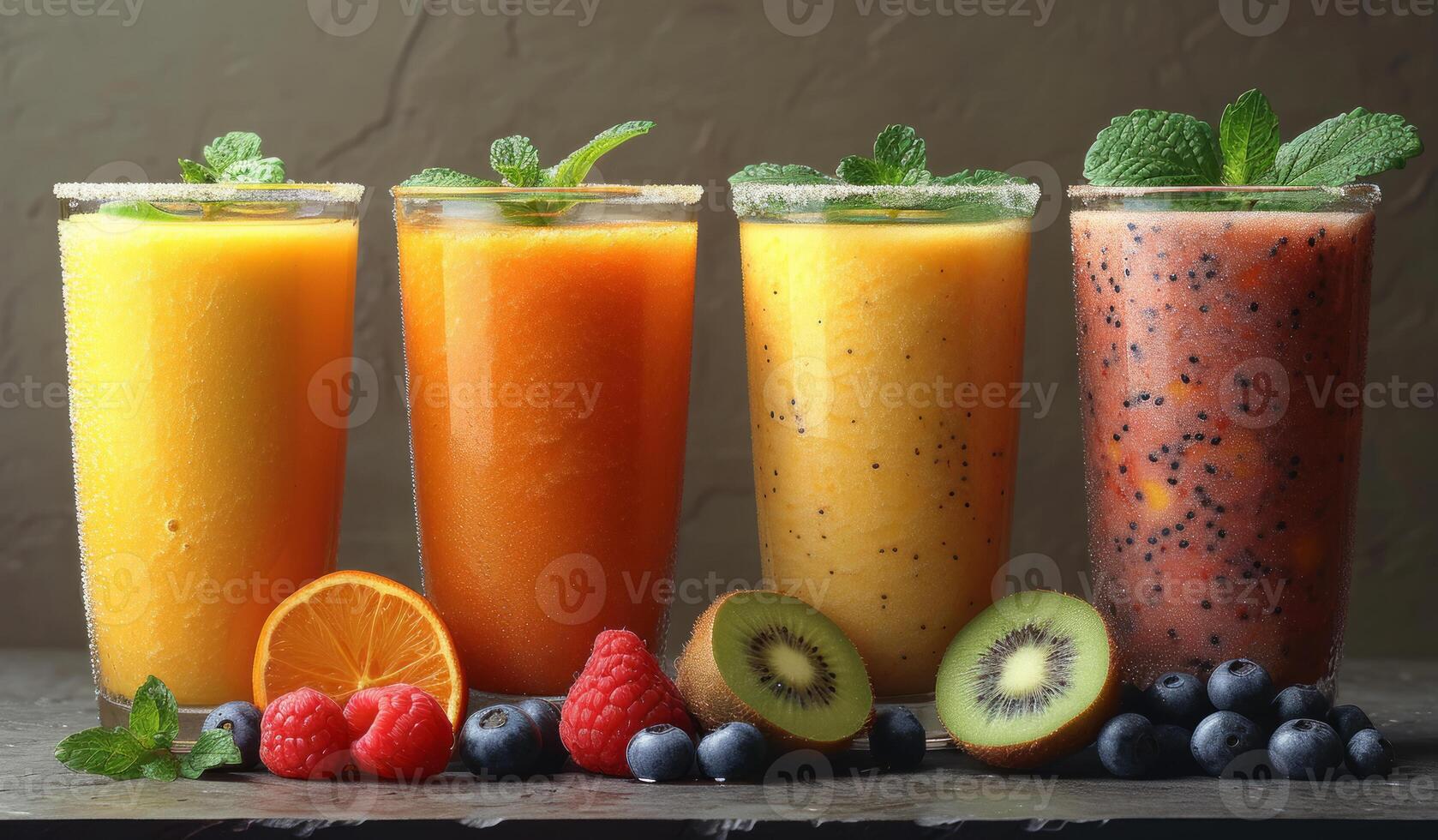 AI generated Four types of smoothie in different glasses. A group of three glasses filled with different types of smoothies, offering a variety of delicious and healthy options. photo