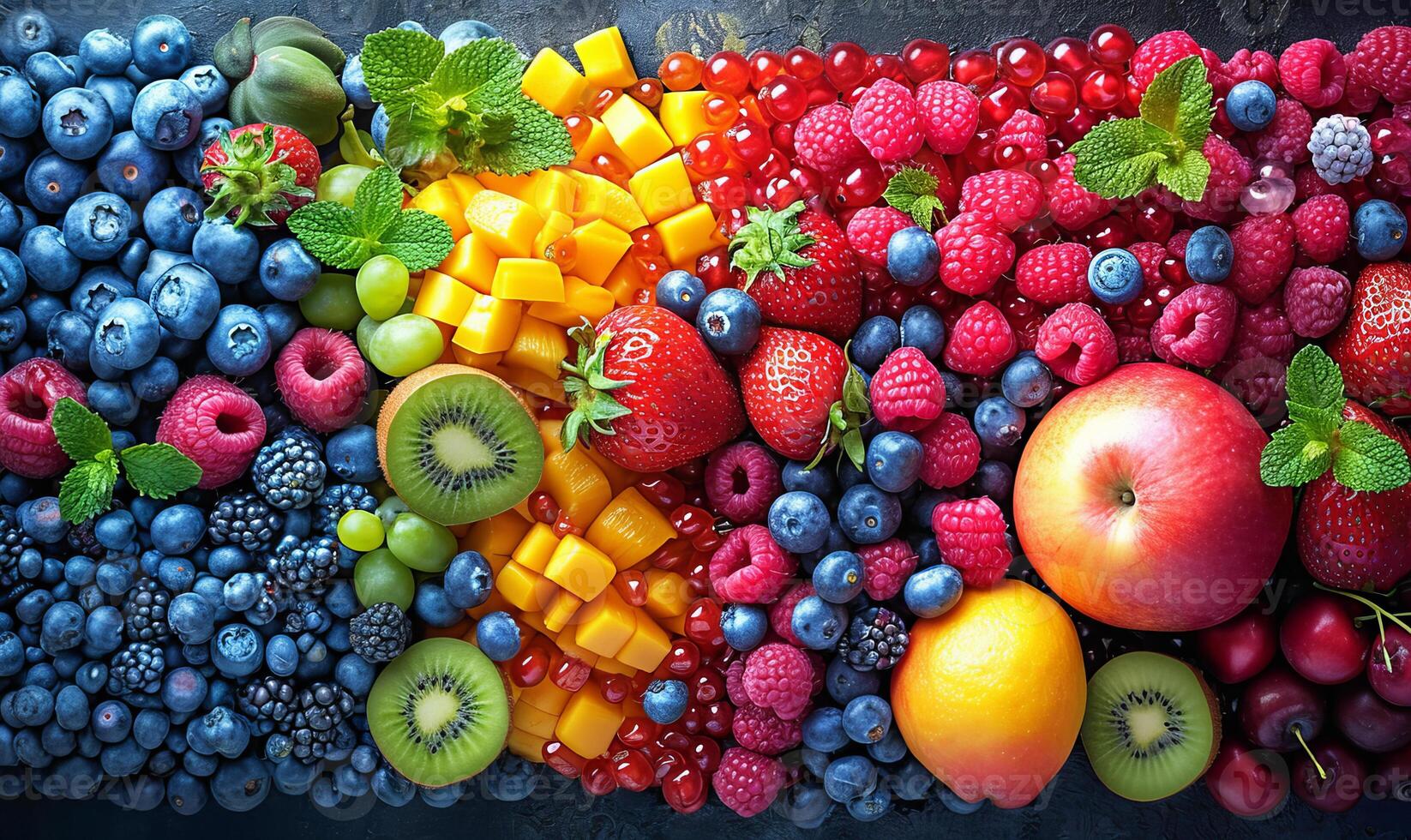 AI generated Assorted Fruits Arranged in a Vibrant Rainbow Pattern. A colorful array of different fruits meticulously arranged in a visually pleasing rainbow formation. photo