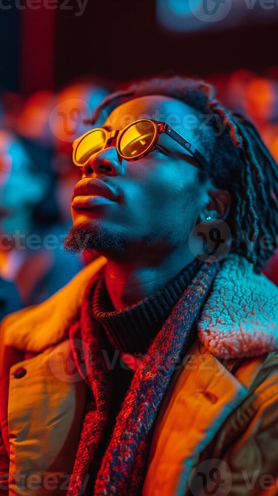 ai generado hombre vistiendo 3d lentes. un elegante hombre vistiendo amarillo Gafas de sol y deportivo rastas disfrutando un soleado día. foto