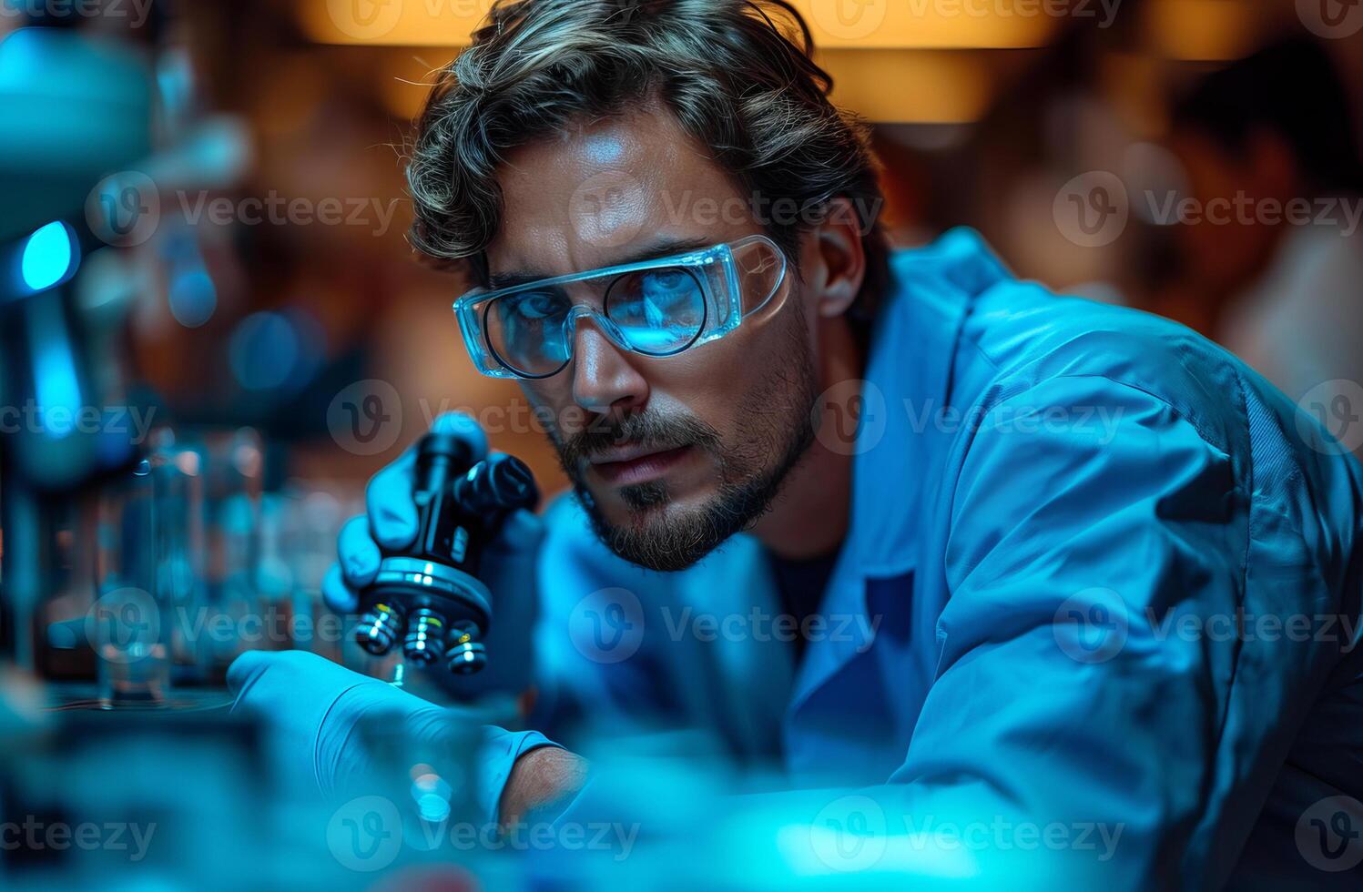 ai generado un imagen de un científico laboral. un hombre en un laboratorio Saco y gafas de protección cuidadosamente examina un tubo en un laboratorio. foto