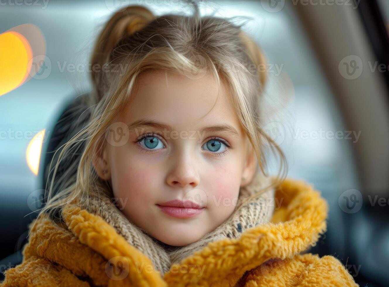 AI generated Little girl wearing jacket in the seat in car backside. A little girl is sitting in a car, wearing a bright yellow coat. photo