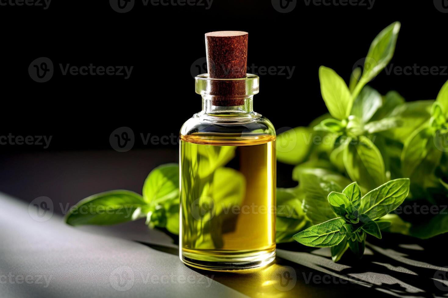 AI generated Essential Oil Bottle with Fresh Peppermint Leaves photo
