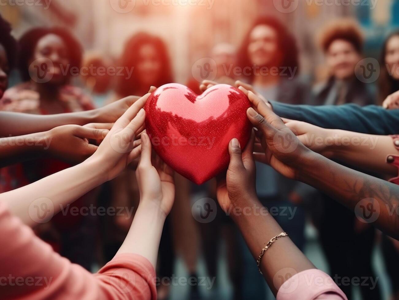 AI generated Diverse Hands Holding Red Heart Together photo