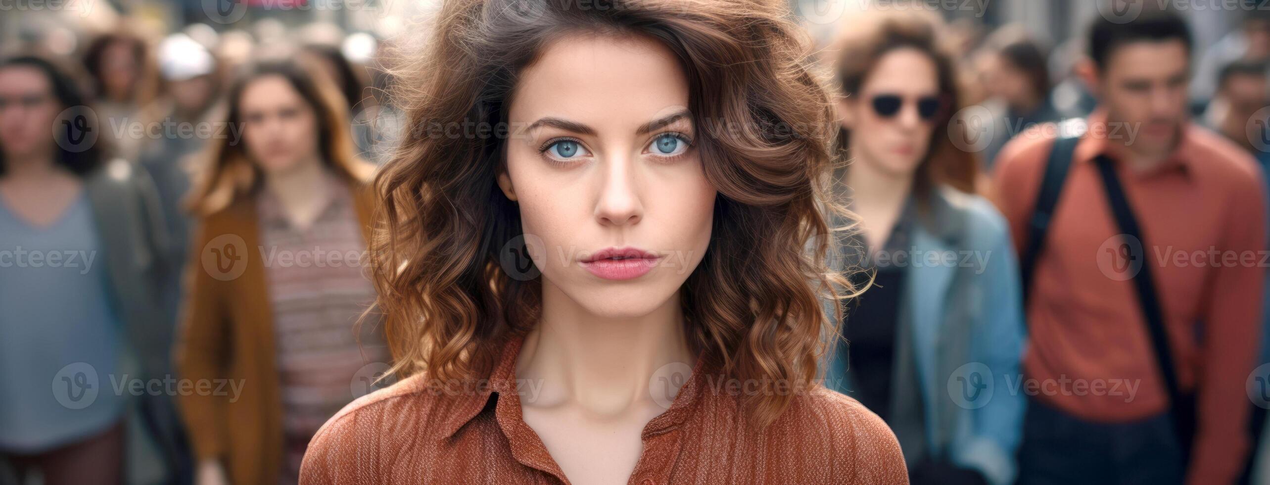 AI generated Focused Woman in Urban Crowd photo