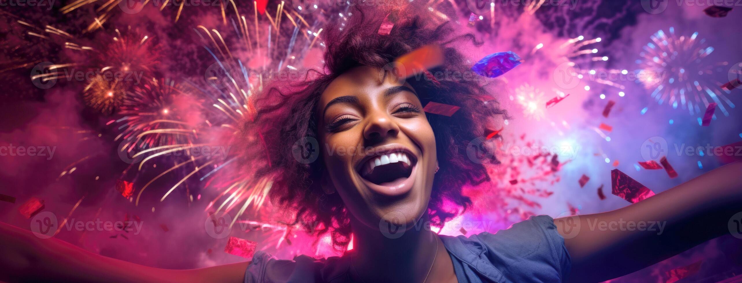 AI generated Woman Celebrating with Fireworks Backdrop photo