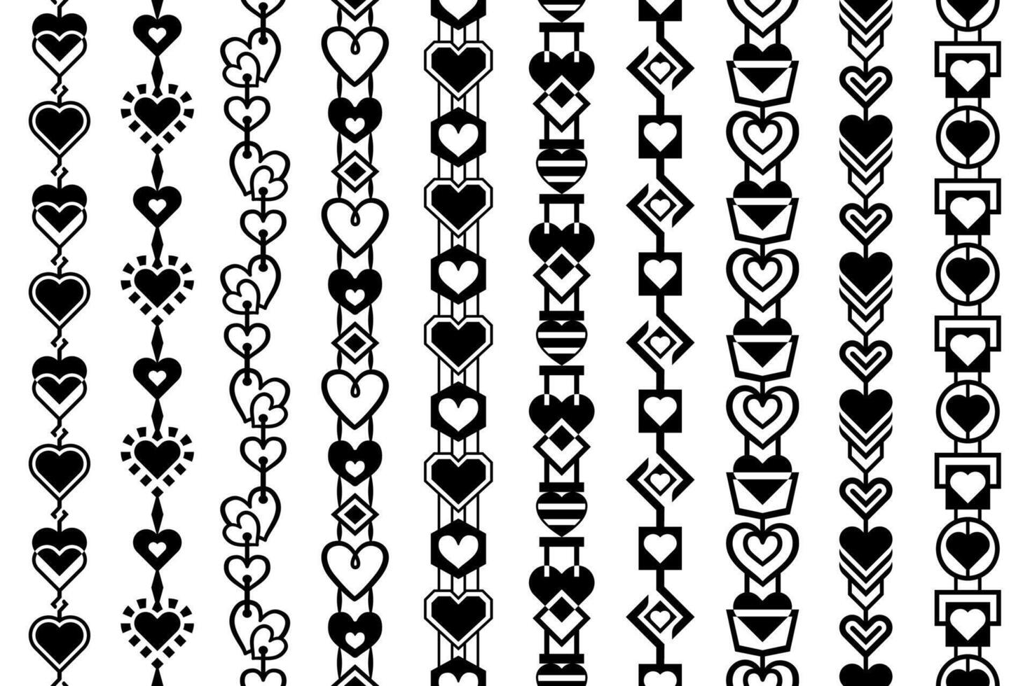 Black and white seamless borders. Vertical vector heart borders