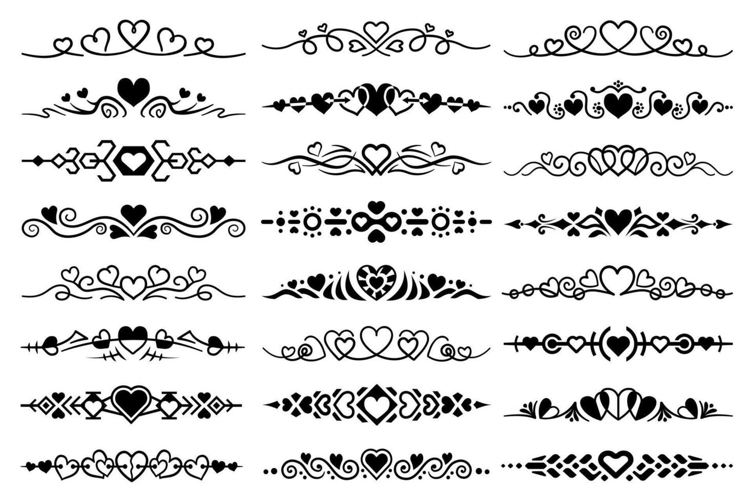 Abstract text dividers with hearts. Line art and flat decorative, ornamental borders set. Collection of black luxury, elegant paragraph separators. vector