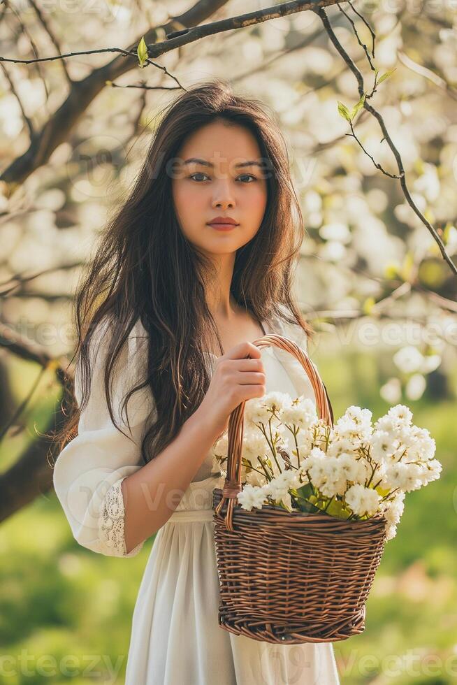 ai generado un hermosa joven morena mujer en un blanco vestir sostiene un cesta de flores foto