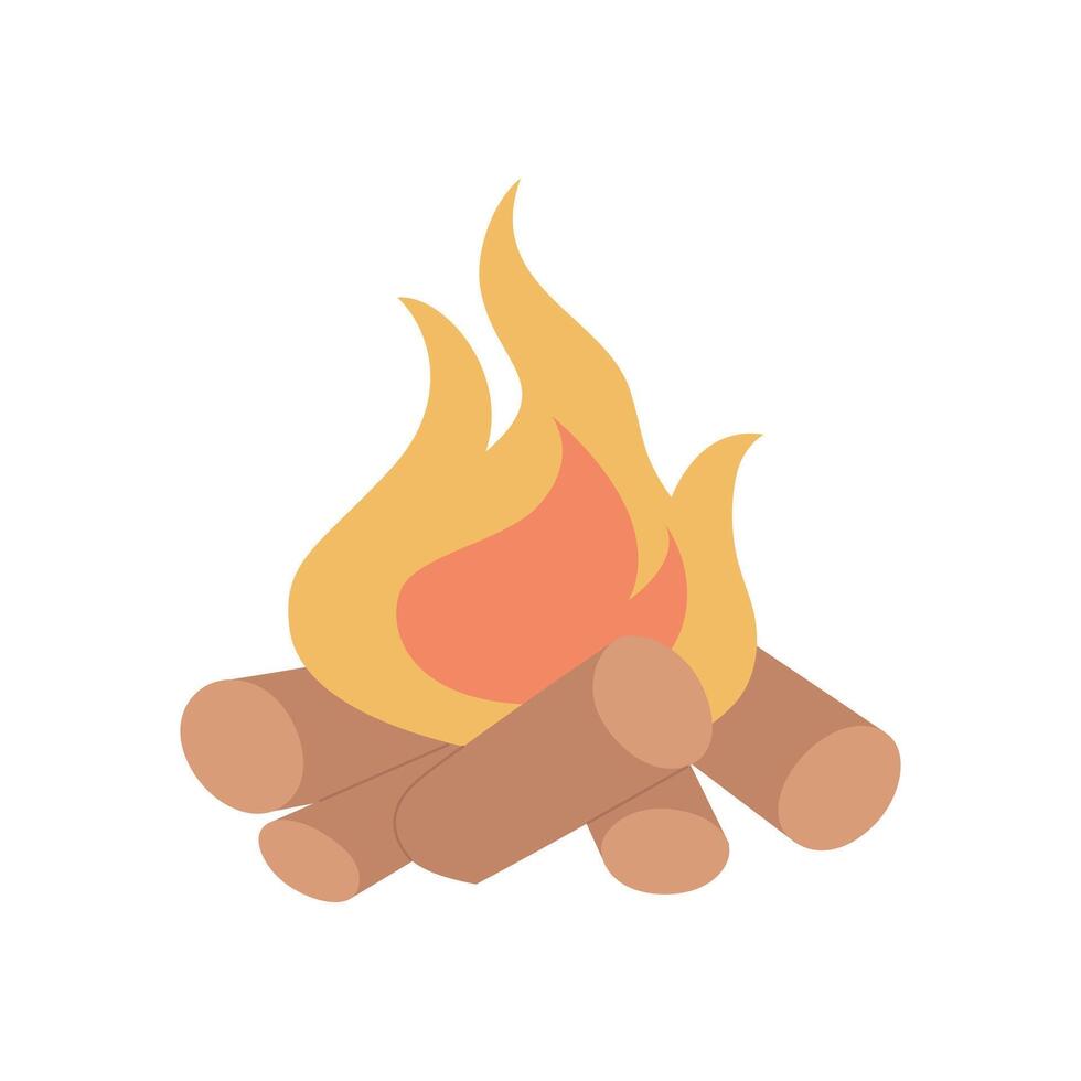 Bonfire burning on firewood in the camp, camping and hiking outdoor tourism. Flat vector illustration.