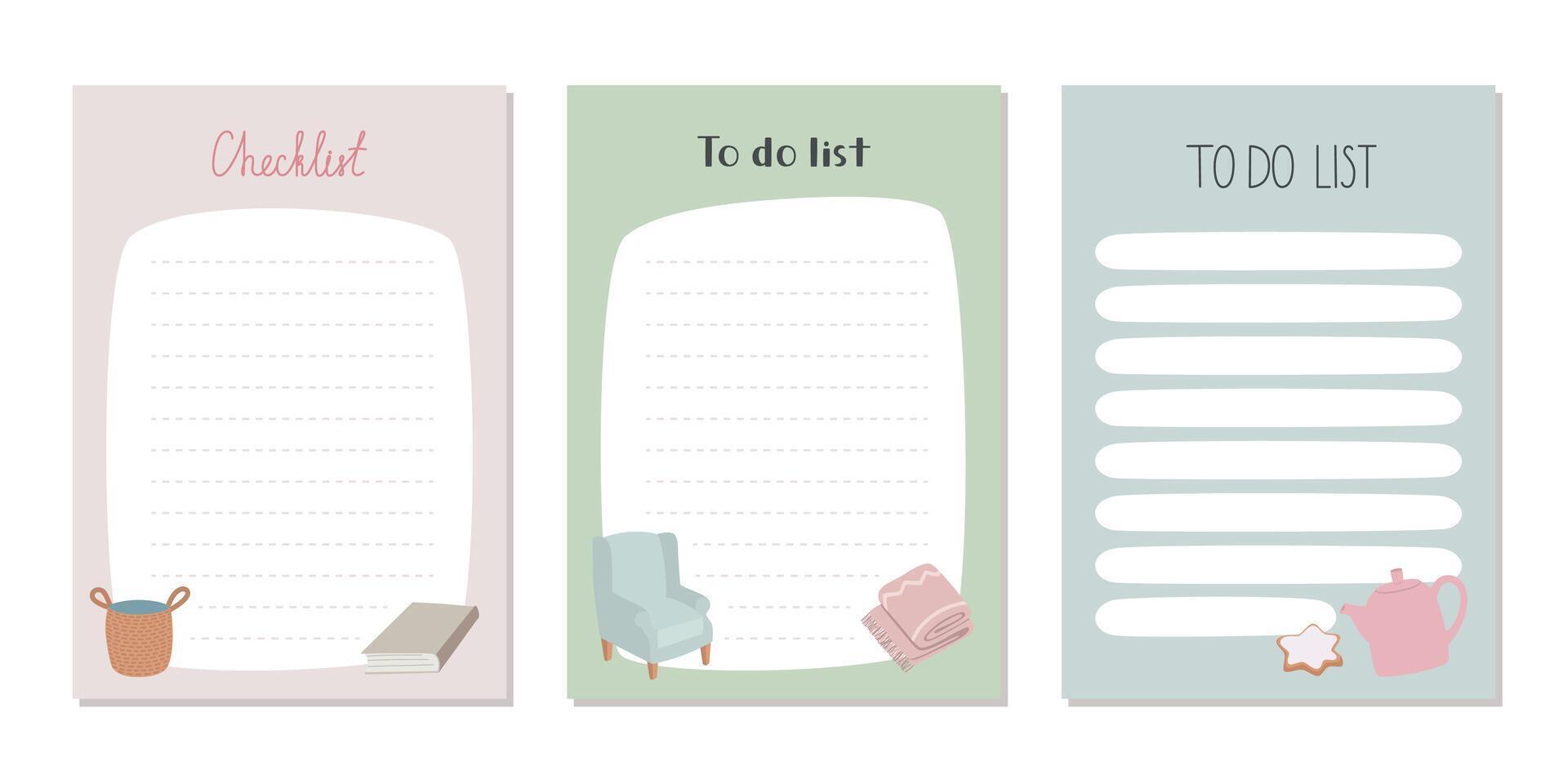 Set of planners and to do list with home interior decor illustrations. Template for agenda, schedule, planners, checklists, notebooks, cards and other stationery. Hand-drawn vector illustration.