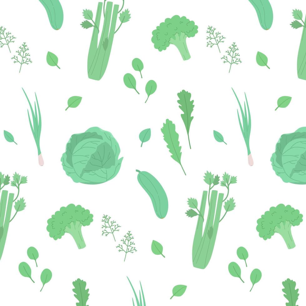 Seamless pattern of vegetables and herbs. Hand-drawn vector illustration.