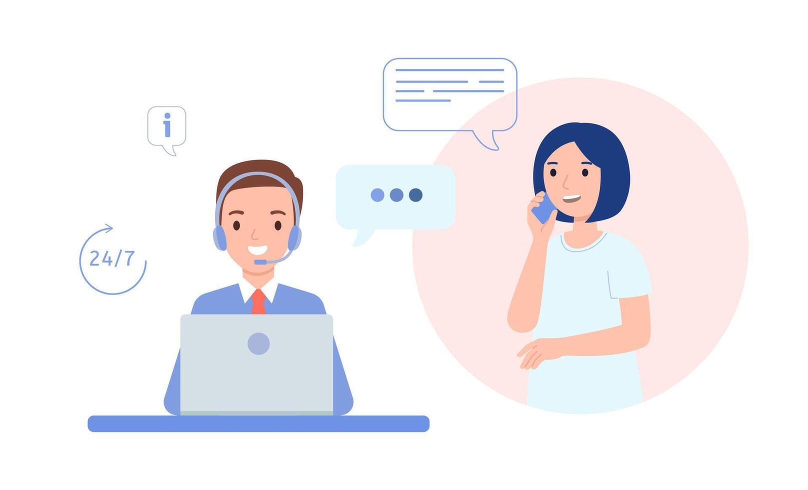 Call center operator is talking to the client. Technical support for customers 24-7, telephone hotline for business. Online customer service. Vector illustration in flat style.