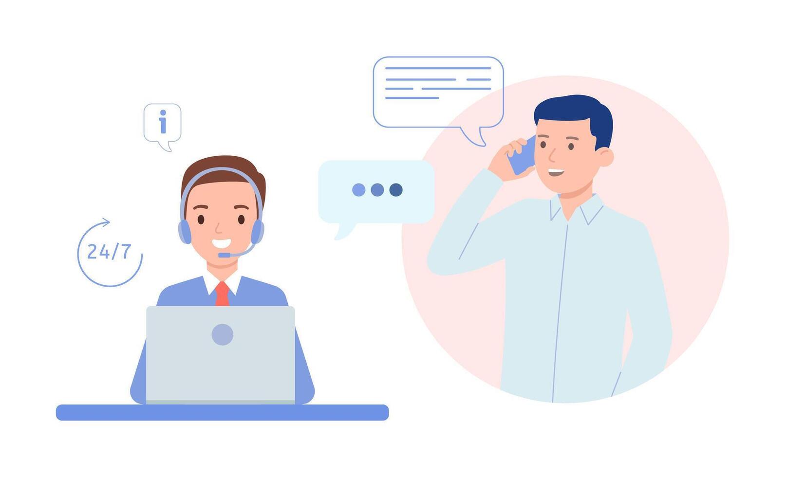 Call center operator is talking to the client. Technical support for customers 24-7, telephone hotline for business. Online customer service. Vector illustration in flat style.