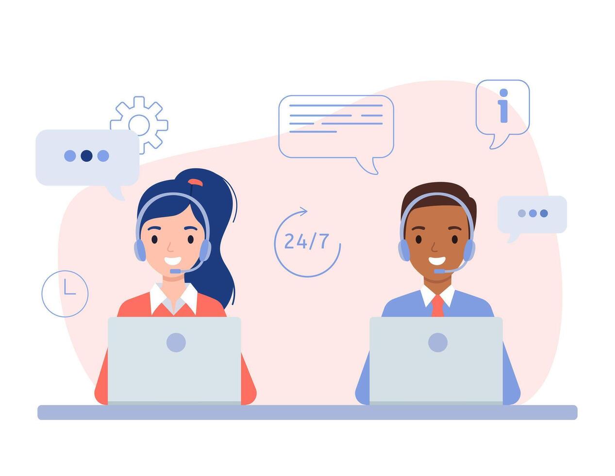 Call center, hotline customer support. Office employees at the table with headphones, telemarketing agents. Multiethnic, diverse team. Vector illustration in flat style.