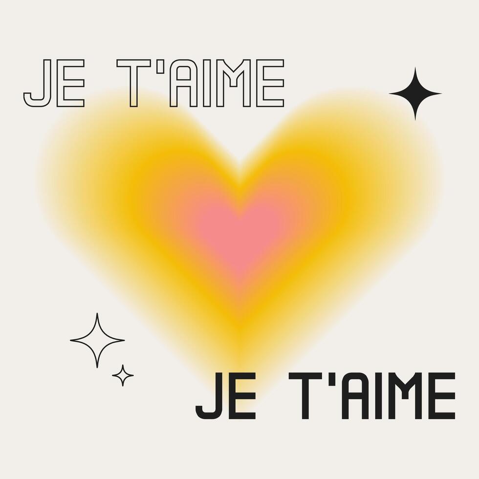 Je t'aime. y2k trendy gradient heart with love text in french language. Vintage square banner template for social media post. Minimalist retro background vector