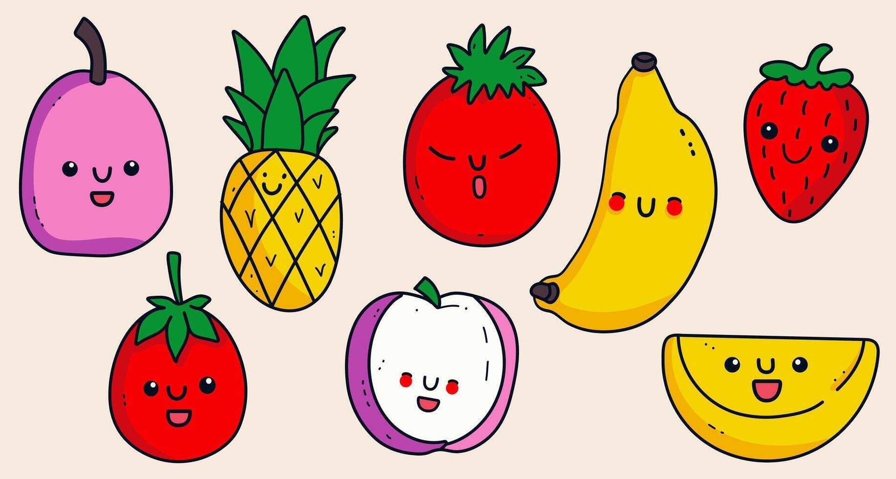 conjunto de dibujos animados frutas, bayas y vegetales en plano estilo. linda garabatear comida aislado en beige antecedentes. colección de banana, fresa, papel, tomate, piña, melón con gracioso emociones vector