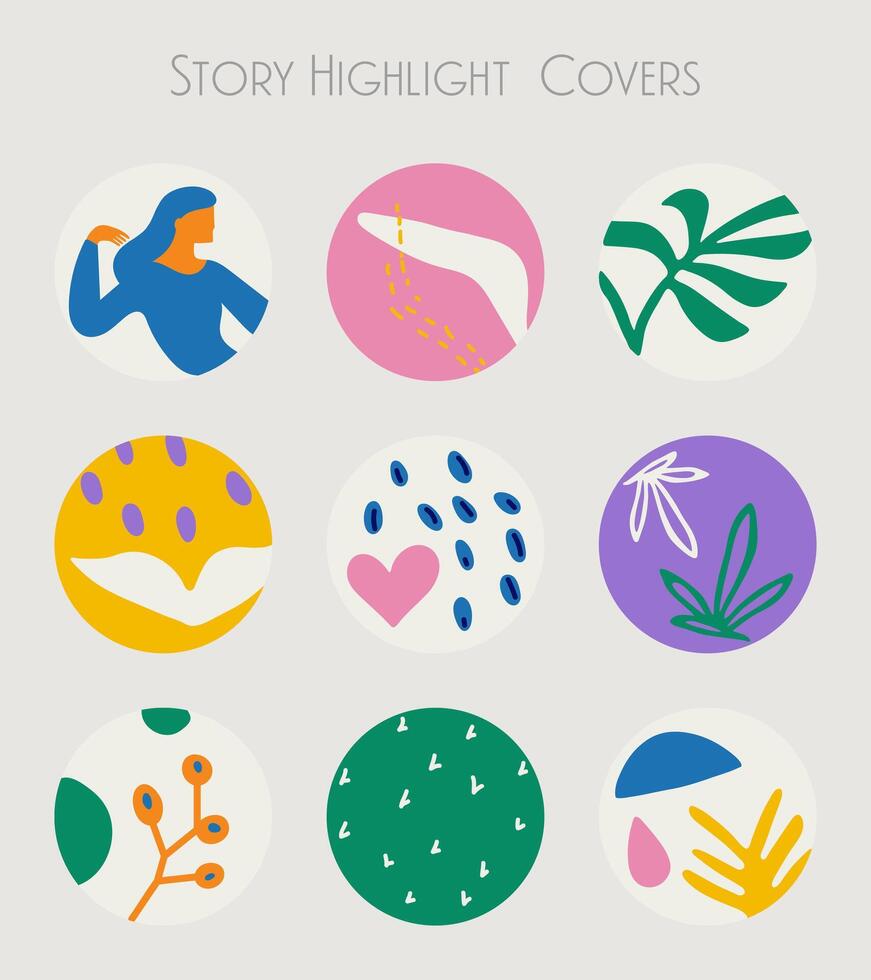 Set of trendy hand drawn story highlights covers. Vector icons on for social media, blogging. Simple naive art, Matisse inspired