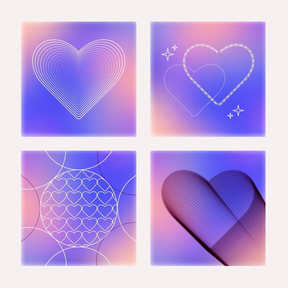 Set of Valentine's Day backgrounds in trendy y2k style. Lovely square banner template, poster, cover design. Romantic invitation or greeting card collection vector