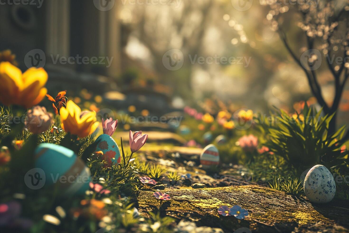 AI generated Colored Easter eggs lie on the grass photo