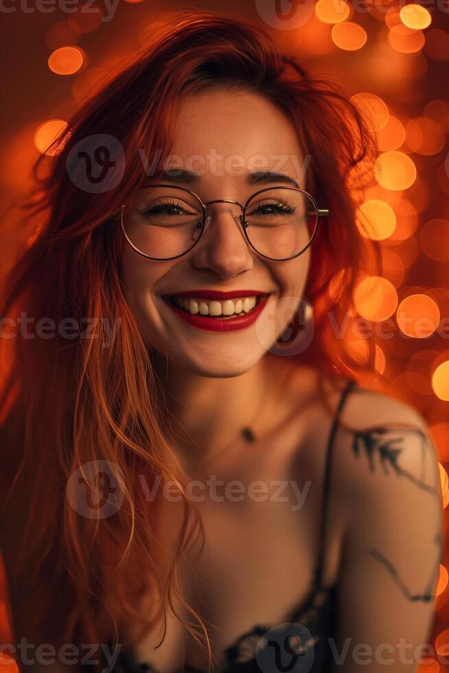 AI generated Red-haired young girl in red trendy fashionable glasses on the sparkle peach background photo