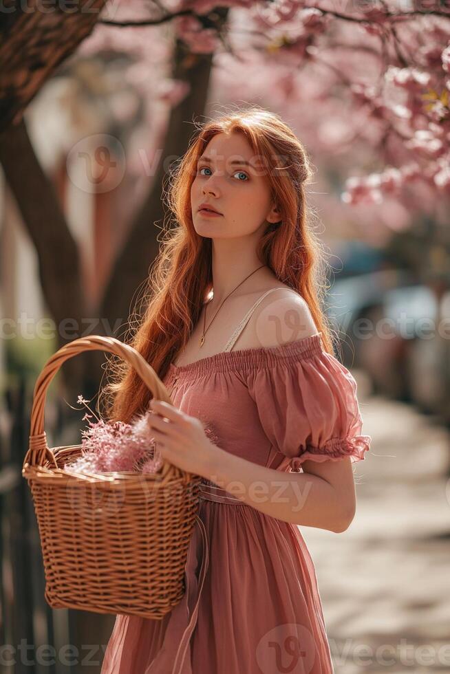 ai generado hermosa joven mujer con rojo pelo en un rosado vestir sostiene un Pascua de Resurrección cesta en su manos en el calle foto