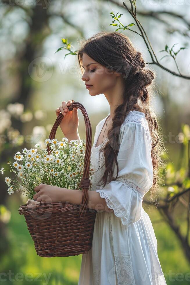 ai generado un hermosa joven morena mujer en un blanco vestir sostiene un cesta de flores foto