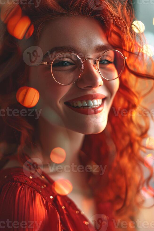 AI generated Red-haired young girl in red trendy fashionable glasses on the sparkle peach background photo