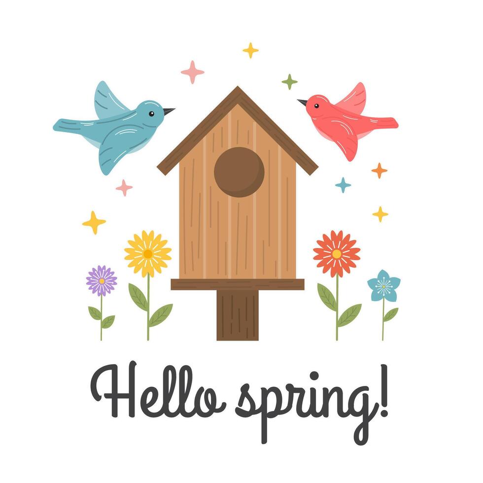 Hello Spring vector birdhouse, bird, butterfly, flowers illustration. Spring illustration for cards, posters, tags isolated on white. Colorful illustration in cartoon hand drawn style.