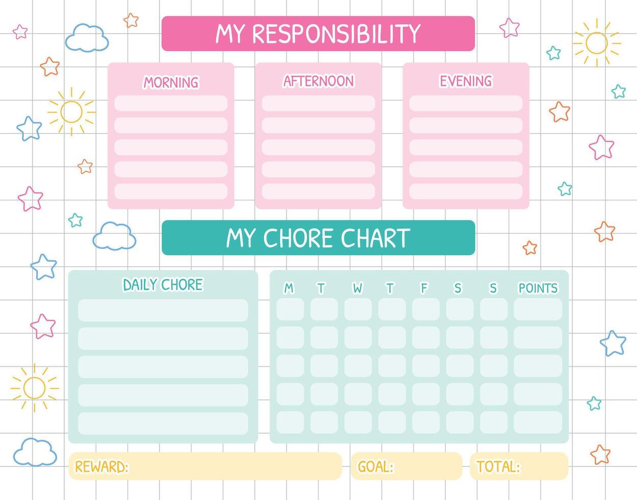 Chore chart. Daily Routine Responsibility Chart. School Routine, Behavior Chart, Consequences, Daily Checklist for kids. Kids discipline, motivation. Weekly planner, tasks, to do list for schoolers. vector