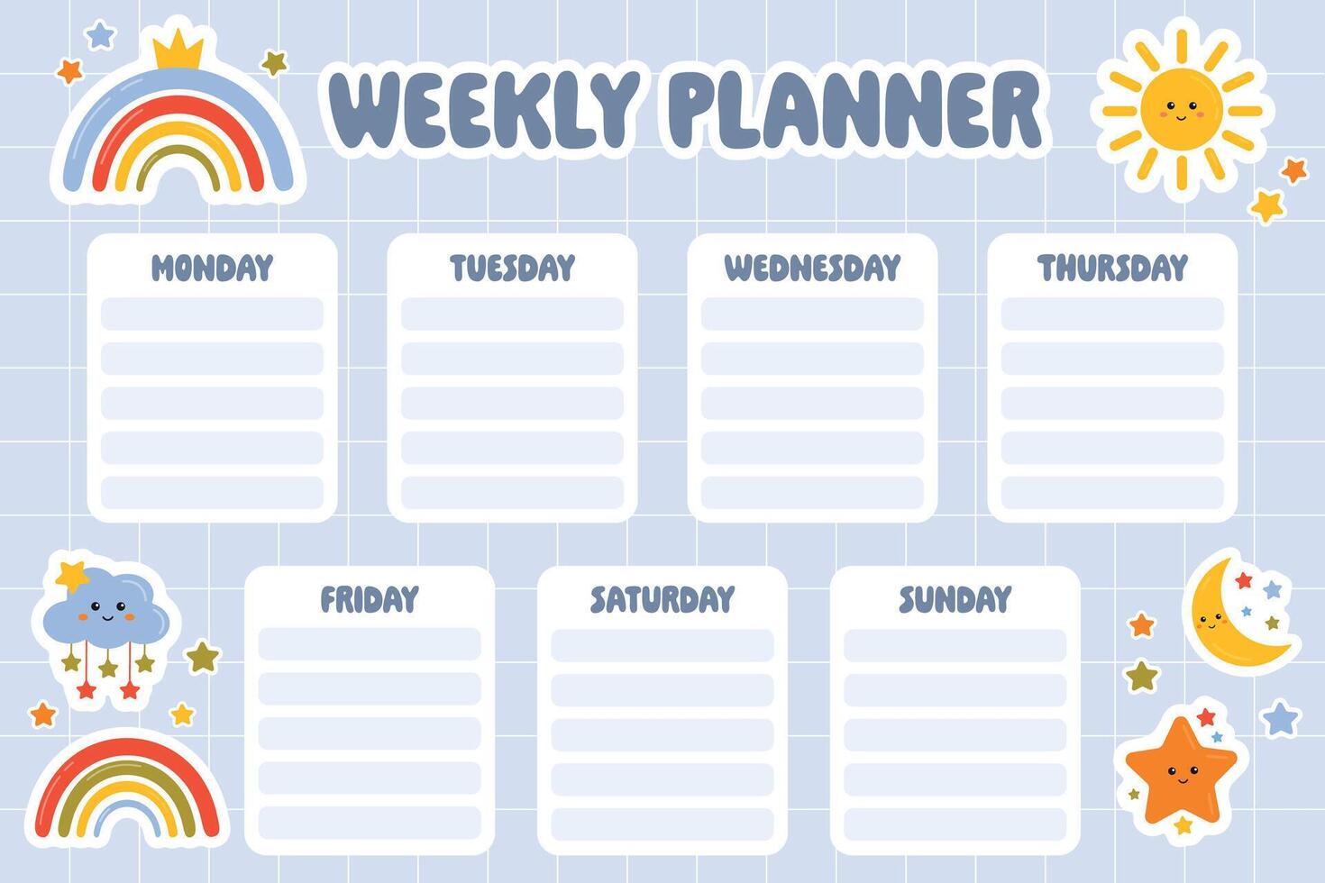 Weekly planner for kids. Printable school timetable. Kids schedule design template. Back to school planner. Cute planner for kids daily routine tracking with rainbows, stars in cute cartoon style. vector