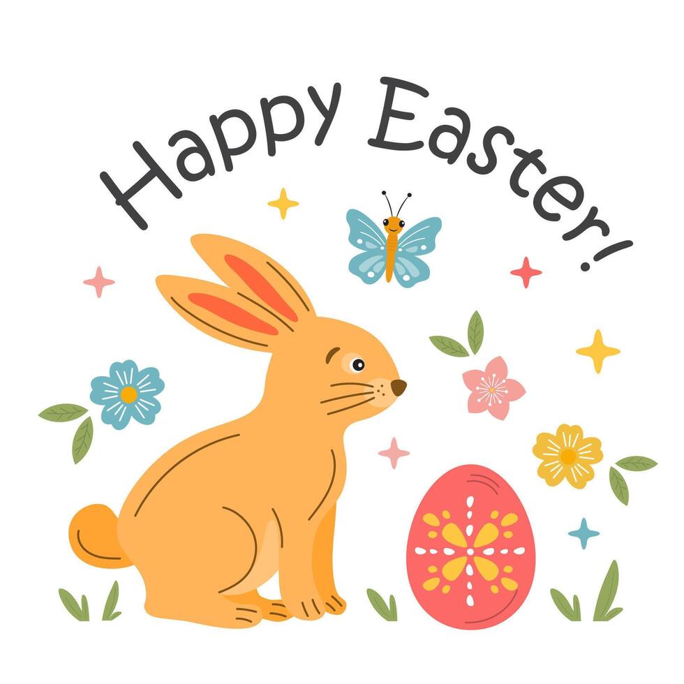 Happy Easter greeting card with cute bunny, egg, spring flowers. Funny Easter rabbit, egg hunt. Easter holiday illustration, vector design for poster, invitation, postcard, printing.