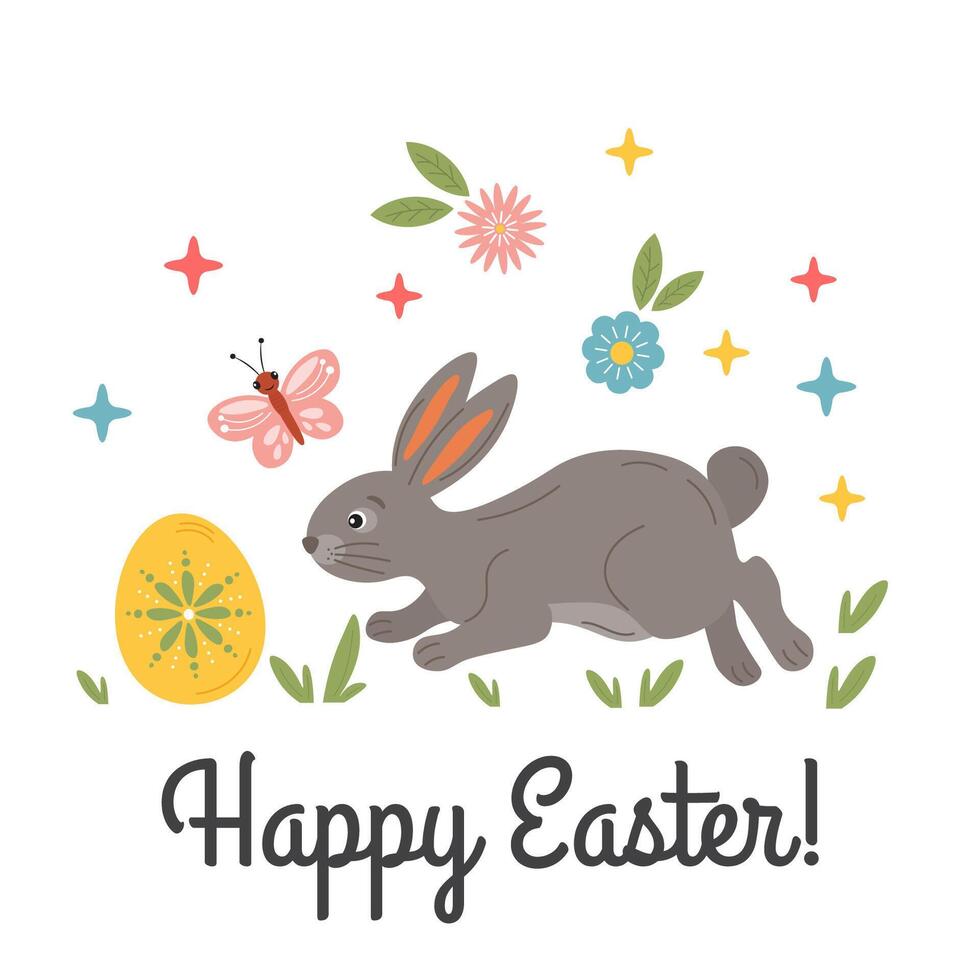 Happy Easter greeting card with cute bunny, egg, spring flowers. Funny Easter rabbit, egg hunt. Easter holiday illustration, vector design for poster, invitation, postcard, printing.