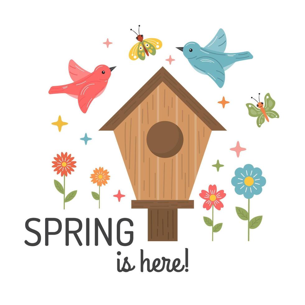 Spring is here, vector birdhouse, bird, butterfly, flowers illustration. Spring garden illustration for cards, posters, tags isolated on white. Colorful illustration in cartoon hand drawn style.