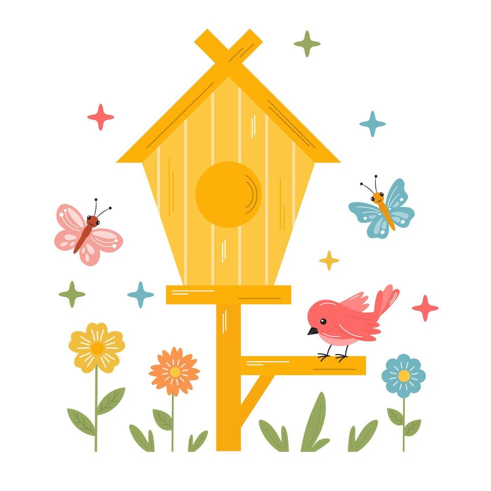 Spring illustration with birdhouse, birds, butterfly, flowers. Vector cute spring illustration for postcard, poster, invitation, card in hand drawn style.