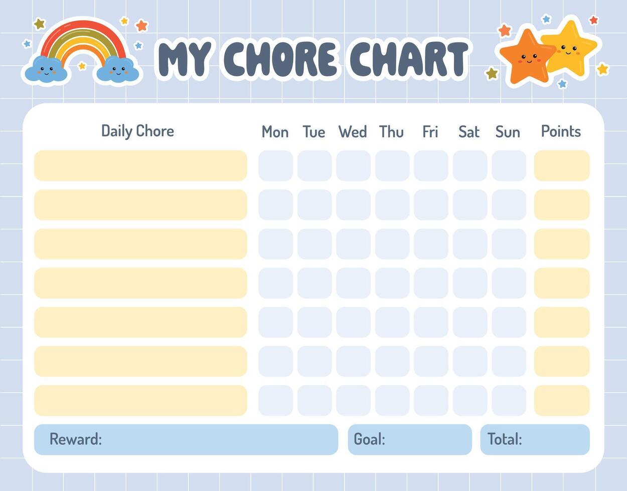 Chore chart for kids. Daily kids routine tracker. School Routine, Behavior Chart, Consequences, Daily tasks Checklist. Reward chart. Printable chore chart template for preschoolers, kindergarteners. vector