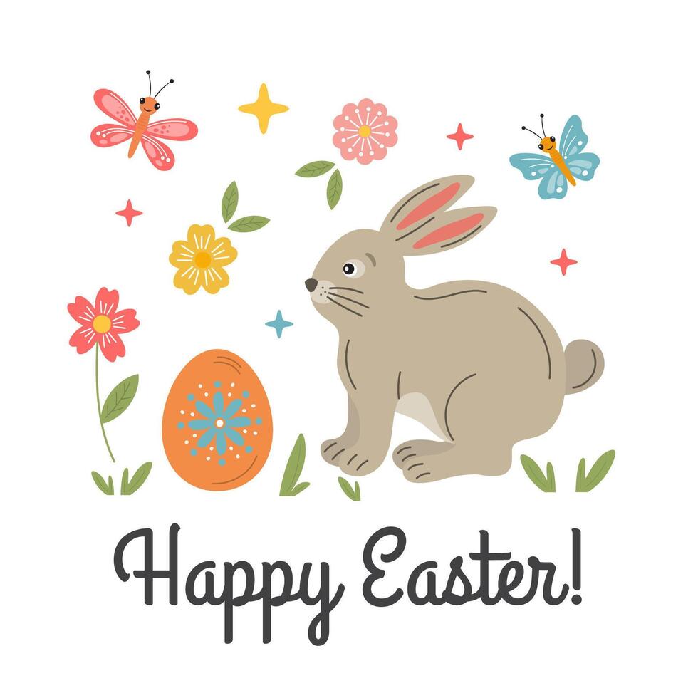 Cute funny Easter bunny, rabbit with egg. Happy Easter greeting card. Holiday festive illustration isolated on white. Easter concept for invitation, postcard, poster, gift tag. vector